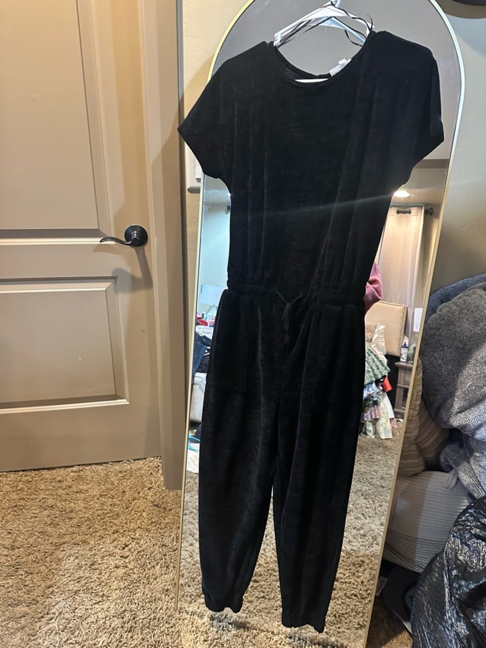 DownEast Plush Short-Sleeve Black Jumpsuit with Drawstring Waist